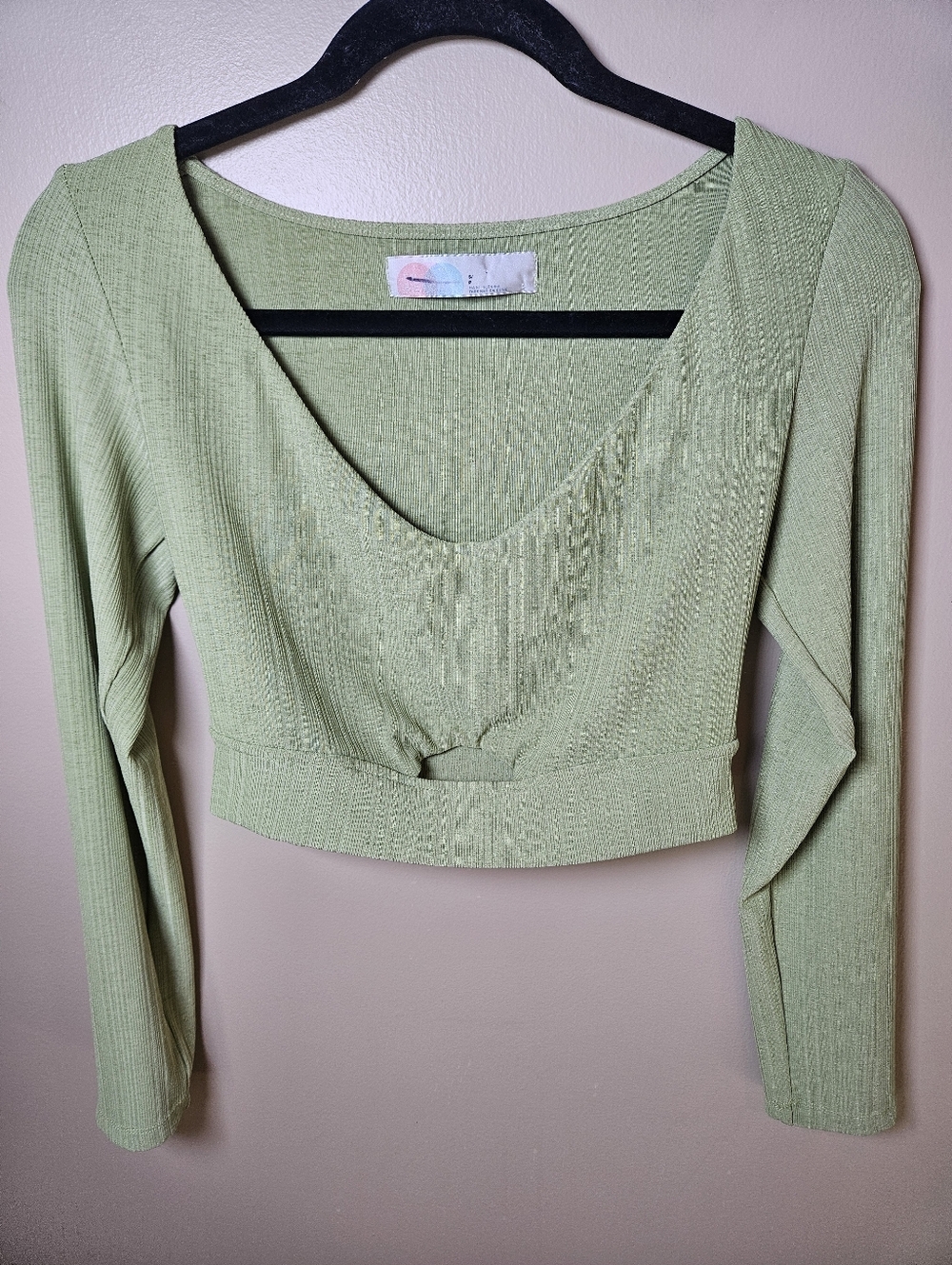 Free People Beach Green Crop Lightweight Scoop Neck Ribbed Stretch Shirt Small